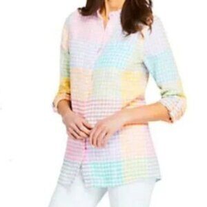 LANDS' END Women's XL TALL Pastel Linen Roll Tab Sleeves Button Up Top Beachy